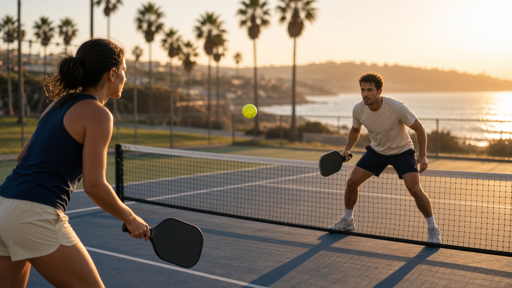 Two Rallyites mid-rally on an outdoor pickleball court at golden hour