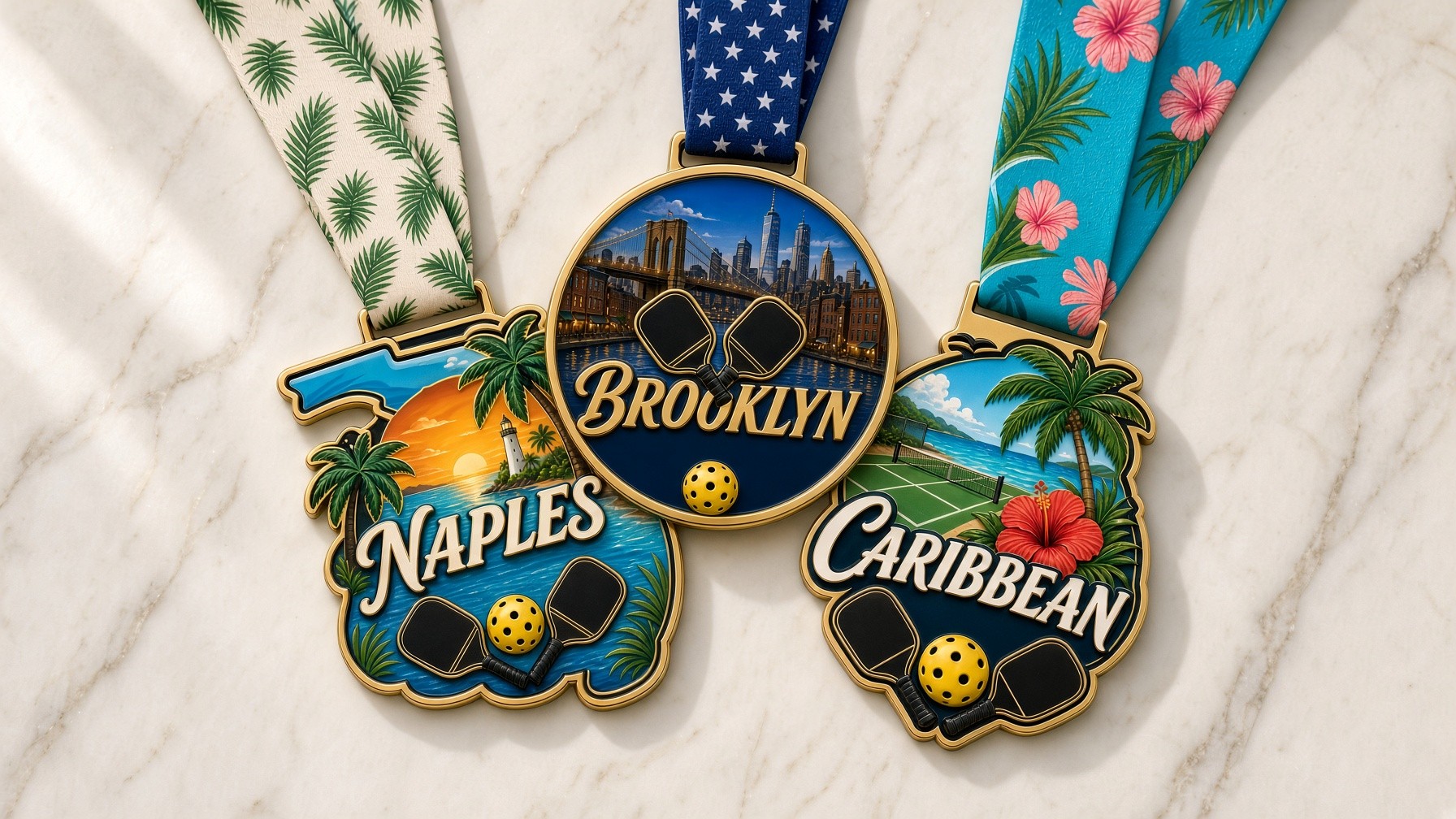 Three Pennant Court destination medals on marble