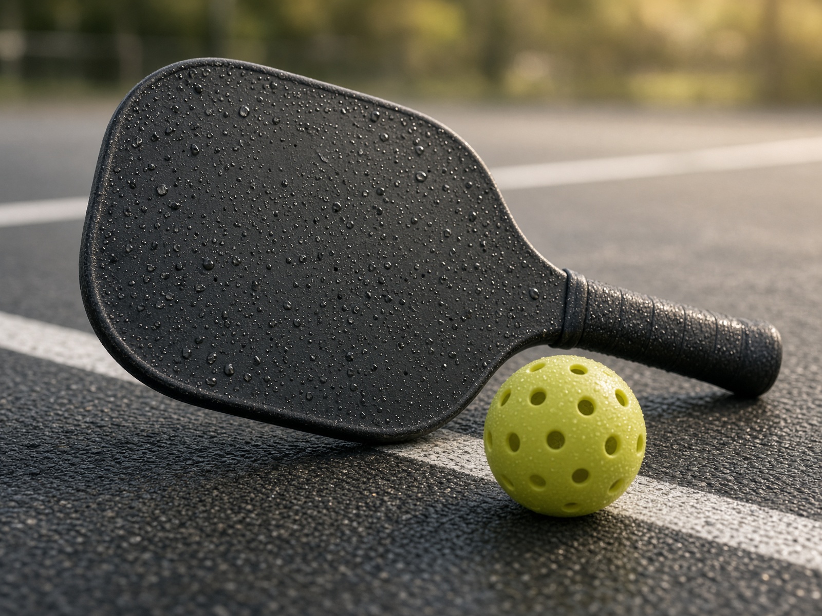 Paddle and pickleball on a court